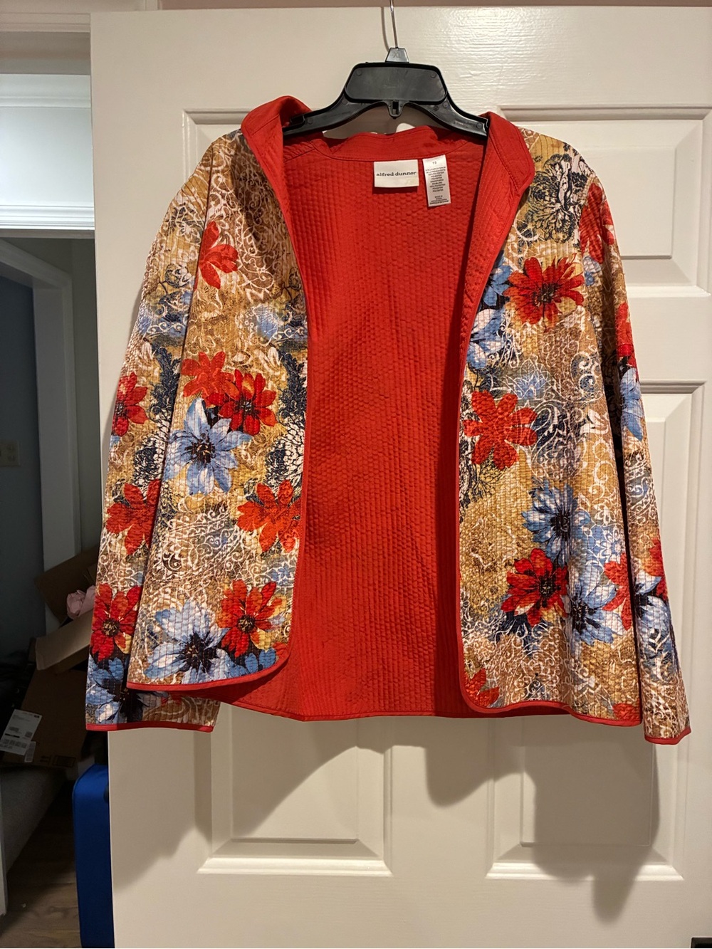Alfred Dunner Floral Quilted Hooded Cardigan in Red, Blue & Tan